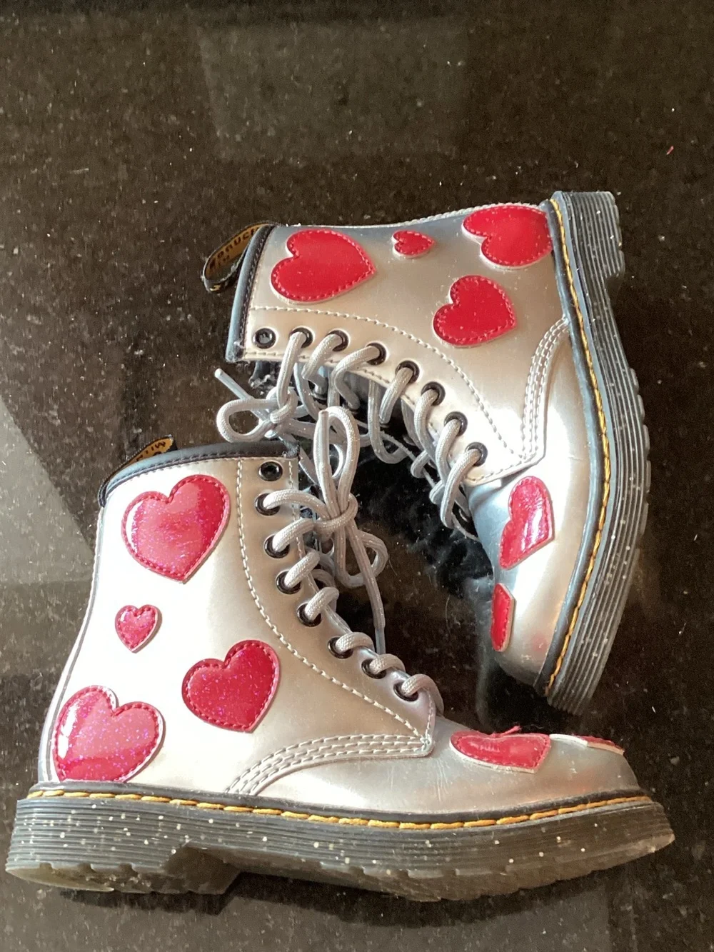 Dr. Martens Silver Kids Heart Lace-Up Boots with Red Hearts